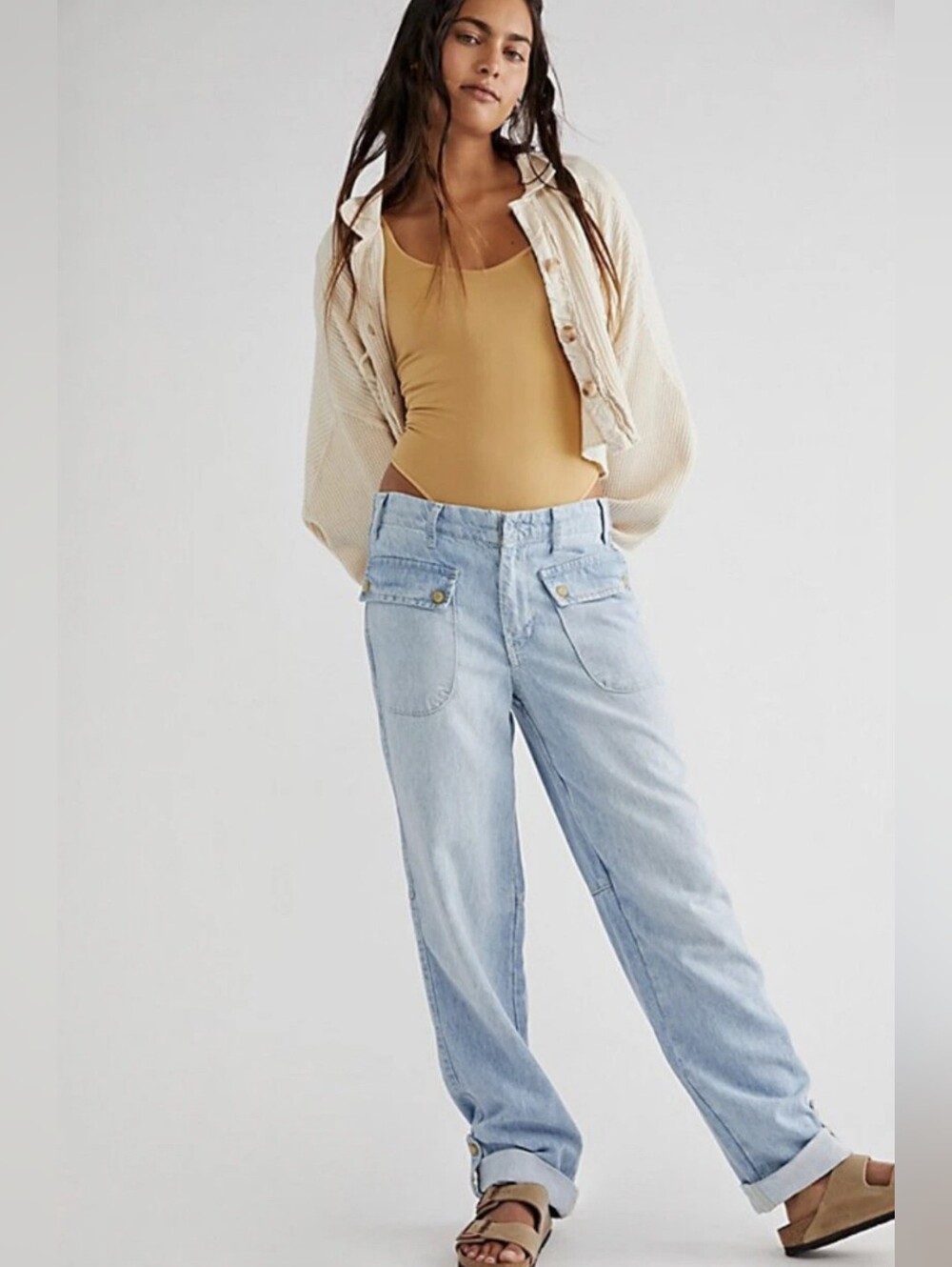 Free People Rory Slim Straight Jeans Seamed Button Pockets Tab Cuff Hems 28